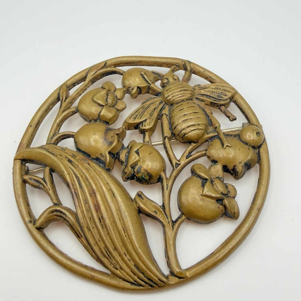 VTG Bee Beetle Floral Brooch Pin Art Nouveau Oxidized Brass Tone Figural Large